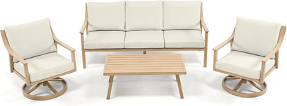 4-Piece Outdoor Patio Furniture Set for 5, Aluminum Outdoor Conversation Set Includes 1 Three-Seater Sofa, 2 Swivel Chairs, and 1 Coffee Table, Perfect for Porch, Deck, Garden, (Beige)3