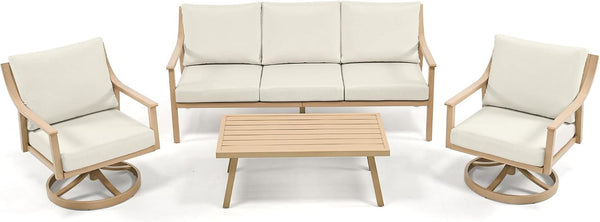 4-Piece Outdoor Patio Furniture Set for 5, Aluminum Outdoor Conversation Set Includes 1 Three-Seater Sofa, 2 Swivel Chairs, and 1 Coffee Table, Perfect for Porch, Deck, Garden, (Beige)3