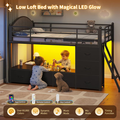 Twin Loft Bed with 8 Storage Drawers, LED Lights, Upholsterd Headboard, Inclined Ladder & Play Curtain, Kids Loft Bed with Safety Guardrail, Under-Bed Play Area, Black3