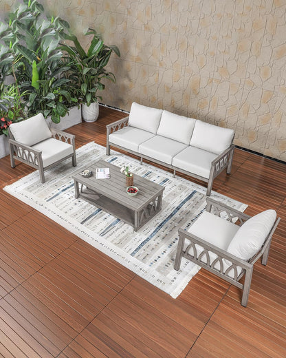 Aluminum Outdoor Patio Furniture Set, 4-Piece Outdoor Sofa Set with 3-Seat Sofa, 2 Armchairs & Coffee Table, Outdside Sofa Set Patio Conversation Set with Cushions for Deck, Balcony, Limed Oak8