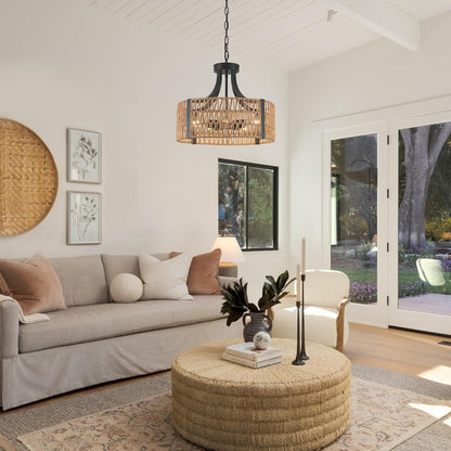 Farmhouse Chandeliers for Dining Room, 5-Light 17.7”Rattan Light Fixture with Wicker Lampshade Hand Woven Boho Chandelier for Kitchen Island, Living Room, Bedroom(E26 Bulbs Not Included)8