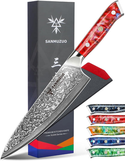 Chef Knife - 8 Inch - Xuan Series - VG10 Damascus Steel Kitchen Knife - Resin Handle (Sunset Red)1