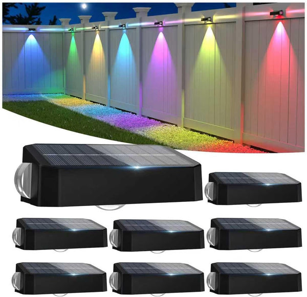Solar Fence Lights Outdoor, 8 Pack 12 Mode RGB Color Changing & Warm/Cool White, Waterproof IP65 3-LED Dusk to Dawn Fence Lights Solar Powered for Wall, Railing, Patio, Step, Backyard, Outside1