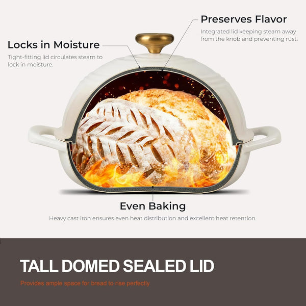 Enameled Cast Iron Dutch Oven, 6QT Bread Oven with Dome Lid Recipe | Tall Bread Pot with Potholders, for Sourdough Bread Baking Artisan Loaves, Crispy Crust & Better Oven Spring, 500°F Oven Safe4