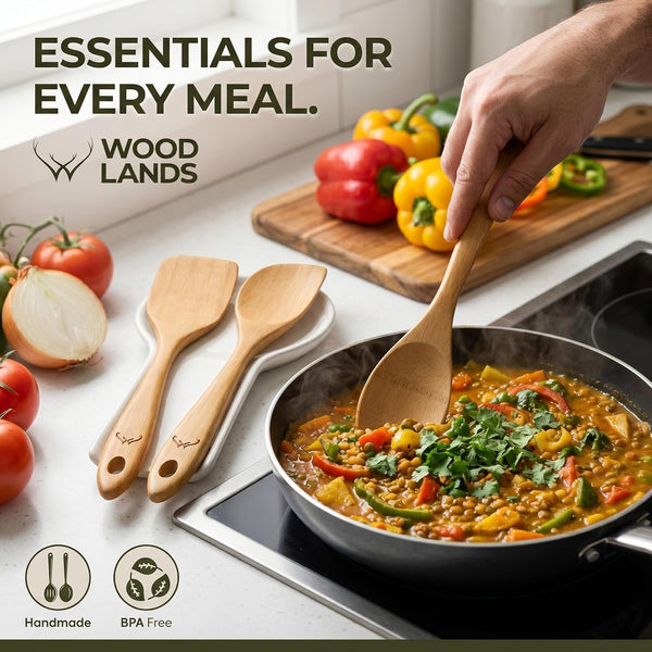 Prime Bamboo Wooden Spoons for Cooking Set of 3 Pcs – Wooden Cooking Utensils with Long Handle, Includes Flat Wood Spoon, Bamboo Spatula, and Slotted Spoon for Kitchen Utensils Set3