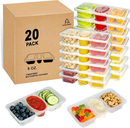 8 OZ Reusable Snack Containers with Lids, New 3 Compartment Condiment Snack Pack Containers 20 Sets1