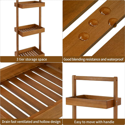 Teak Shower Caddy Corner, Standing Organizer Shelf with Handle7