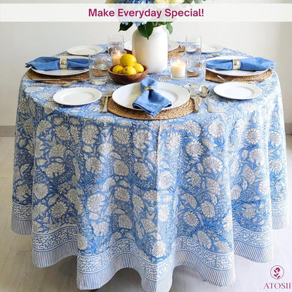 Cotton Blockprint round Tablecloth, Azora Blue, 90 Inches6