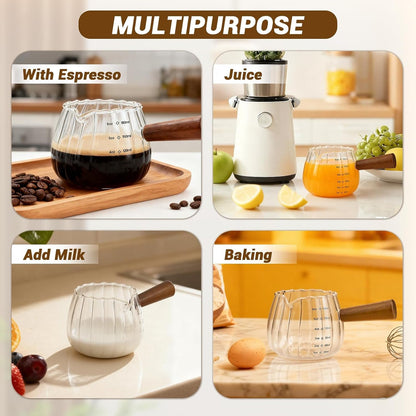 Espresso Cups 6 Oz, Espresso Measuring Cup with Wood Handle, Milk Frothing Cup, Glass Measuring Cup for Coffee, Milk, Tea or Maple Syrup Serving7