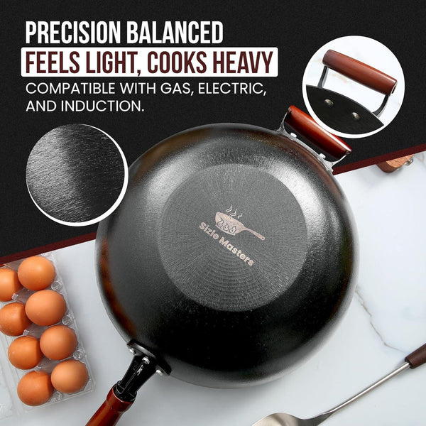 Pre-Seasoned Cast Iron Nonstick Stir-Fry Pan | Dual Handles & 4 Spatulas | Flat Bottom Wok with Wooden Lid & Wood Handle | Traditional Chinese Induction Wok (36Cm)4