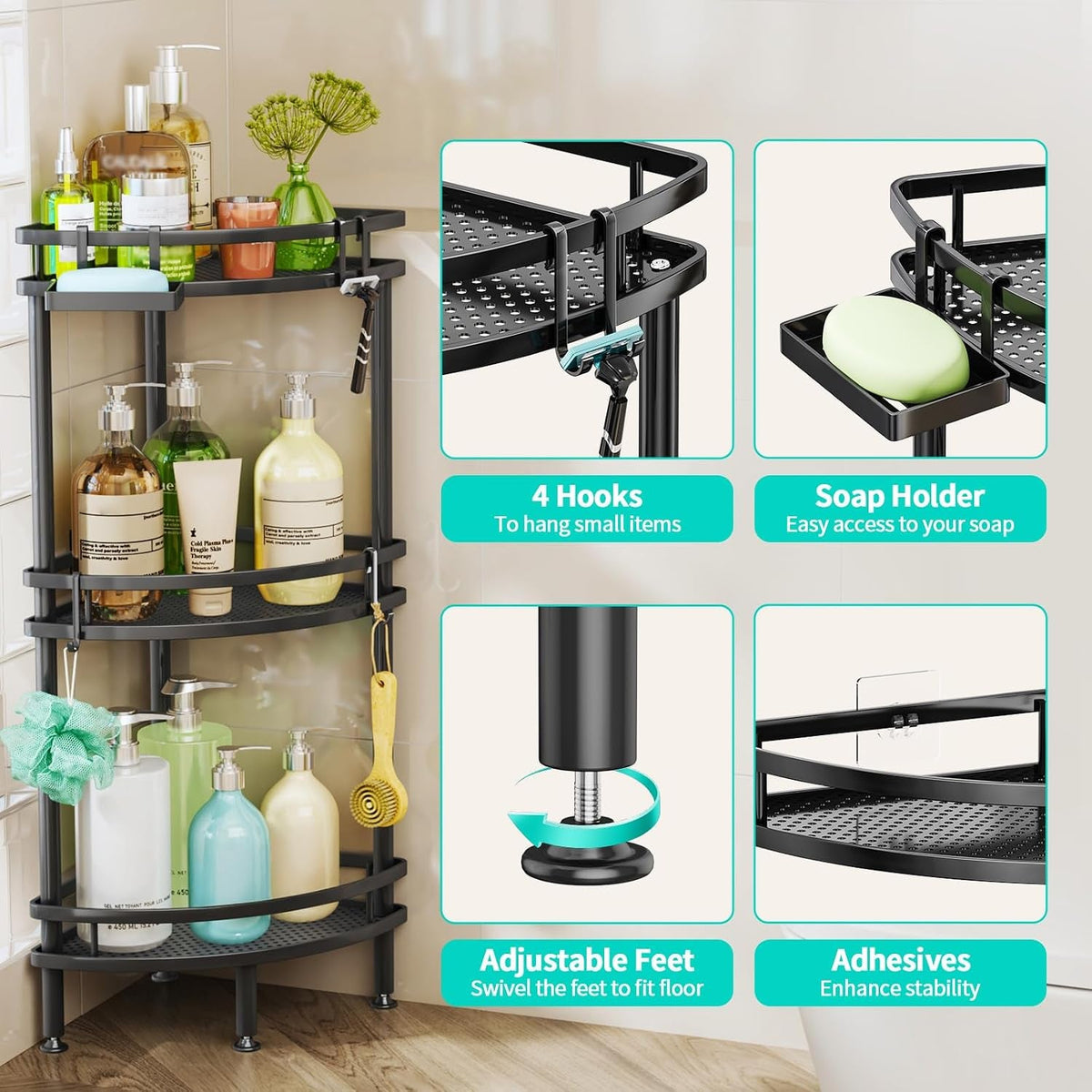 standing-corner-shower-caddy-3-tier-shower-organizer-corner-with-soap-holder-and-4-hooks-rustproof-bathroom-storage-shelves-with-adhesives-black