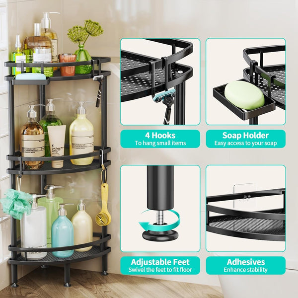 Standing Corner Shower Caddy - 3 Tier Shower Organizer Corner with Soap Holder and 4 Hooks, Rustproof Bathroom Storage Shelves with Adhesives, Black2