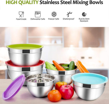 Mixing Bowls with Lids Set of 5, Stainless Steel Mixing Bowls Metal Nesting Bowls with Airtight Lids, Non-Toxic & Dishwasher Safe, Great for Cooking, Baking, Serving - Size 0.7/1/1.5/3/4.6QT2