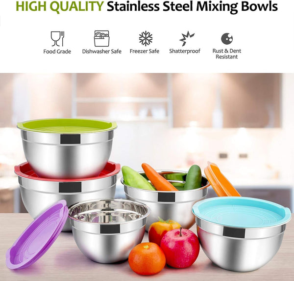 Mixing Bowls with Lids Set of 5, Stainless Steel Mixing Bowls Metal Nesting Bowls with Airtight Lids, Non-Toxic & Dishwasher Safe, Great for Cooking, Baking, Serving - Size 0.7/1/1.5/3/4.6QT2