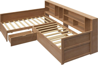 Twin Wooden L-Shaped Daybed with Trundle and Storage Drawer, Natural7
