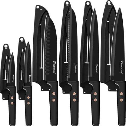 12-Piece Kitchen Knife Set, Stainless Steel Knives with Non-Stick Coating, Dishwasher Safe, Black Knife Set with Rose Gold Rivets 6 Blade Guards, Perfect for Home Chefs Cooking Enthusiasts9