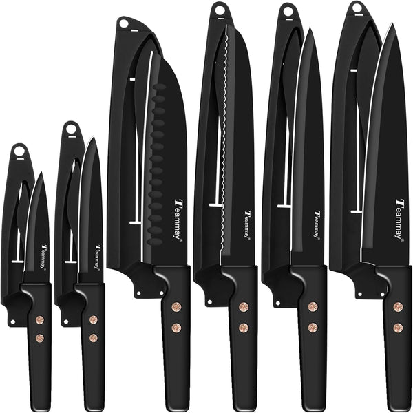 12-Piece Kitchen Knife Set, Stainless Steel Knives with Non-Stick Coating, Dishwasher Safe, Black Knife Set with Rose Gold Rivets 6 Blade Guards, Perfect for Home Chefs Cooking Enthusiasts9