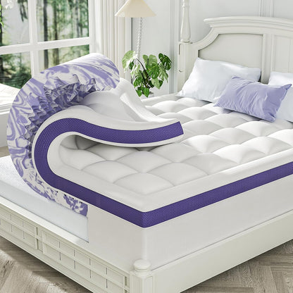 Dual Layer 4 Inch Memory Foam Mattress Topper Queen | 2 Inch Gel Memory Foam and 2 Inch Pillow Top Mattress Pad Cover, 7-Zone Egg Crate & 2-In-1 Design (White)1