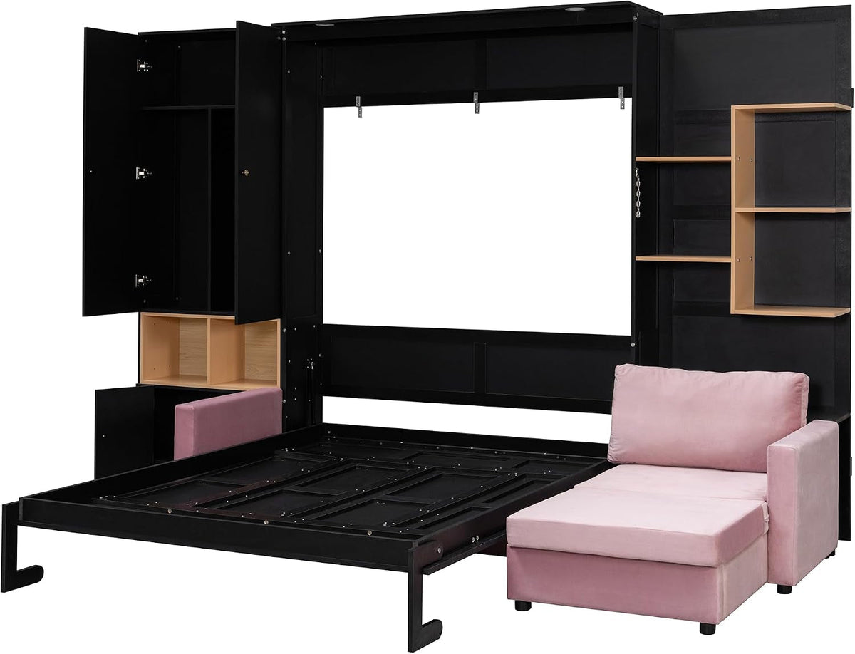 queen-size-murphy-bed-with-large-sofa-and-storage-shelves-for-bedroom-guest-study-room-space-saving-wooden-foldable-wall-bed-frame-with-dual-led-and-cabinets-no-box-spring-needed