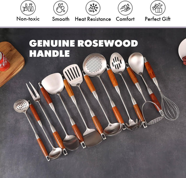 15” Metal Kitchen Utensils Set with Roosewood Handle - 18/10 Stainless Steel Cooking Utensils, 14 PCS Large & Small Spoons Set - Whisk, Masher, Fork, Spatula, Turner, Ladle, Skimmer, Pasta3