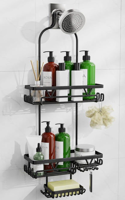 Shower Caddy Hanging, Anti-Swing over Head Shower Caddy, Rustproof Bathroom Organizer with Soap Holder & Hooks1