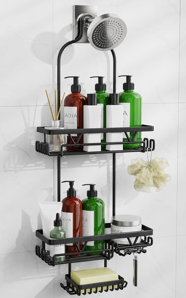 Shower Caddy Hanging, Anti-Swing over Head Shower Caddy, Rustproof Bathroom Organizer with Soap Holder & Hooks1