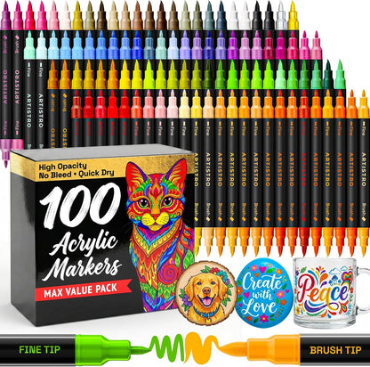 100 Acrylic Dual-Tip Glass Marker Pens for Wine Glasses | Brush + Fine Tips Vibrant Dual Tip Paint Pens for Party Charms, DIY, Craft - Art and Craft Supplies for Adults, Teens, Kids1