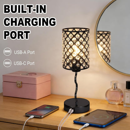 Crystal Table Lamp with 3 Way Dimmable Touch Control, Nightstand with USB A+C Ports, Modern Bedside Touch Lamp for Bedroom, Living Room, Office Reading, Black3