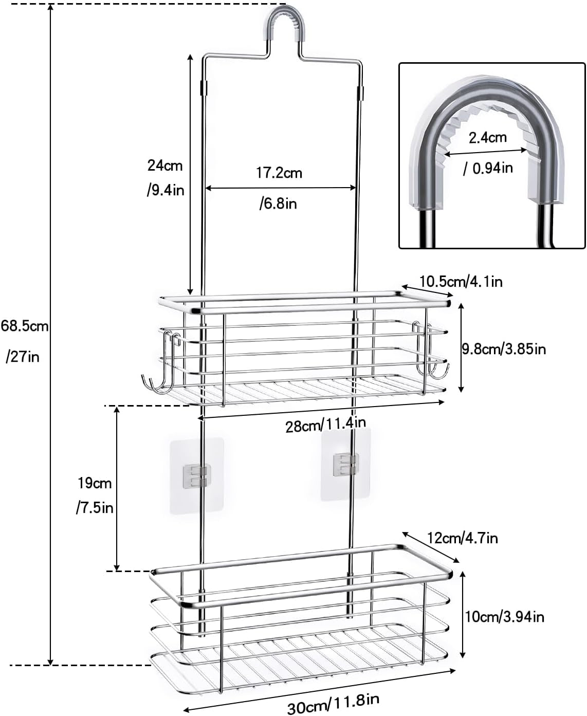 hanging-shower-caddy-stainless-steel-2-tier-bathroom-organizer-rack-over-shower-head-with-2-hooks-for-razor-and-sponge