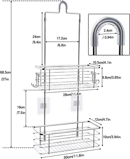Hanging Shower Caddy, Stainless Steel, 2-Tier Bathroom Organizer Rack over Shower Head with 2 Hooks for Razor and Sponge2