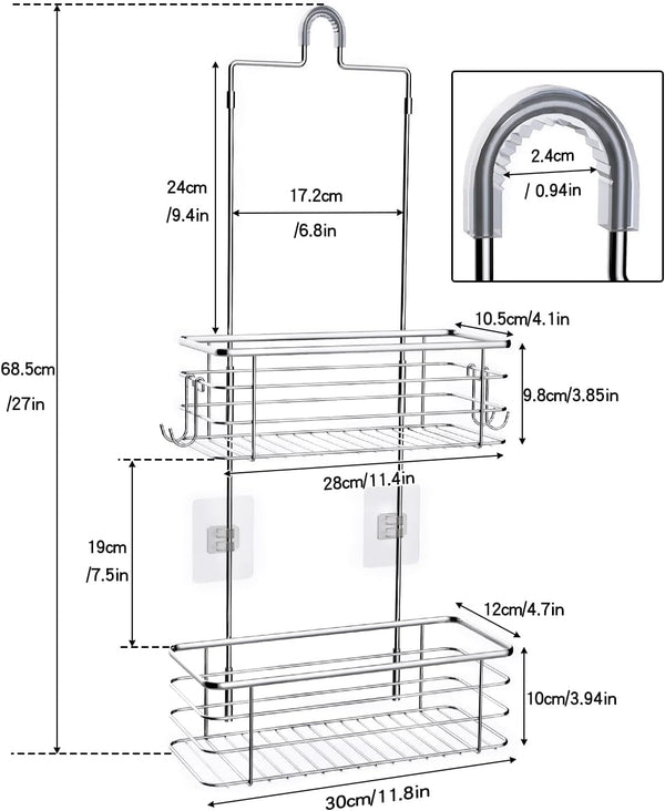 Hanging Shower Caddy, Stainless Steel, 2-Tier Bathroom Organizer Rack over Shower Head with 2 Hooks for Razor and Sponge2