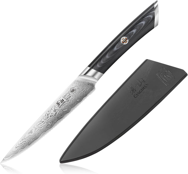 KURO Series 5-Inch Serrated Utility Knife with Sheath, High Carbon X-7 Damascus Steel, 5042891