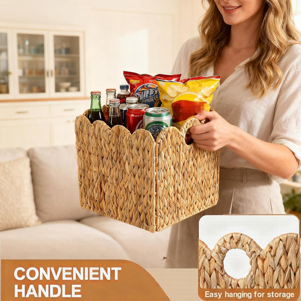 Scalloped Wicker Storage Cubes Basket, 12”X12“ Heavy Duty Paper Rope/Hyacinth/Seagrass Baskets for Shelves, Foldable Natural Boho Square Bins (Water Hyacinth&10.5 X 10.5 X 10.5In&4-Pack)3