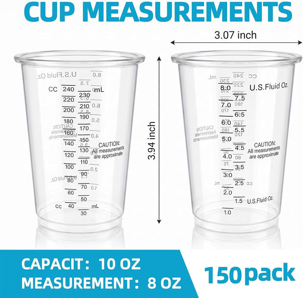 150 Pieces Plastic Measuring Cups 8Oz, Disposable Epoxy Resin Mixing Cups with Measurements, Clear Liquid Measuring Cups for Resin, Paint, Mixing and Crafts2