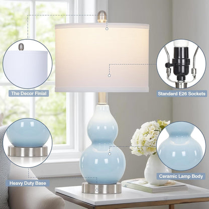 22" Double Gourd Ceramic Table Lamps Set of 2, Blue Modern Bedside Lamps for Living Room, Contemporary Nightstand Desk Lamps for Bedroom End Table Home Office Study Room Decor(2 LED Bulbs Included)3