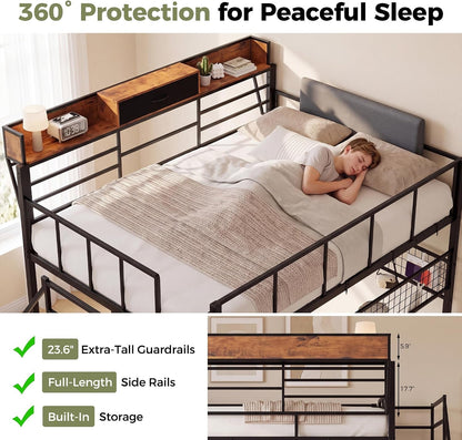 Full Loft Bed with Stairs, Storage, Headboard and LED Light (Black)3