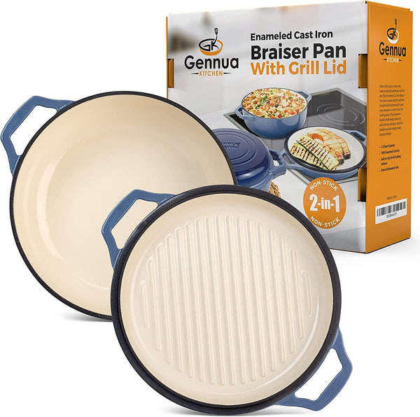2-In-1 Enameled Cast Iron Braiser Pan with Grill Lid - 3.3-Quart Small Dutch Oven, Serves as Both Casserole & Stovetop Grill Pan, Cast Iron Cookware2
