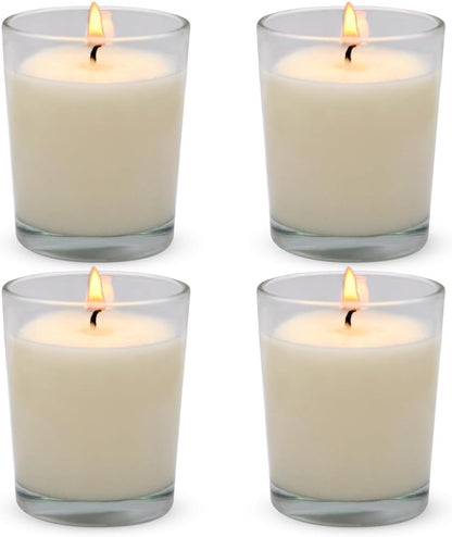 Set of 4 White Votive Candles, Clear Glass Filled Unscented Soy Wax Candle for Home Décor Weddings Spa Holidays Party and DIY1