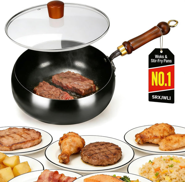Cast Iron Wok Japanese Cookware with Lid Pan Cooking Thick Soup Hand Hammered Frying Pot Hotpot Mini Small Asian Non-Stick Upgraded Sauce Steel Carbon Deep Enamel Skillet(Glass Lid,11In)1