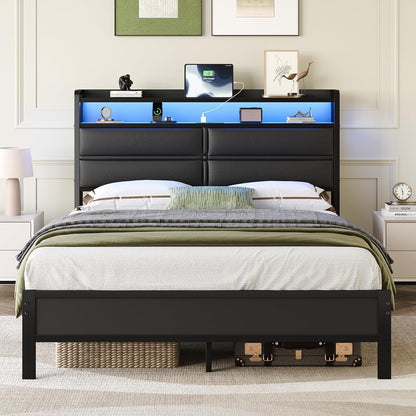 Queen Size Bed Frame with LED Lights and Charging Station, Black1