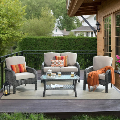 Patio Furniture Set,4 Pieces Outdoor Conversation Set,All Weather Wicker Loveseat Sofa Set with High Back Chairs Table,Beige1
