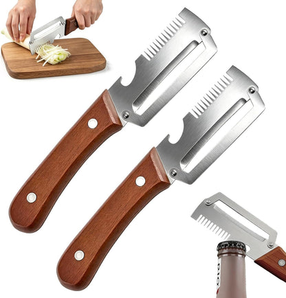Vegetable Peeler with Wooden Handle, 2 Pack Julienne Peeler and Slicer, 3-In-1 Multifunctional Peelers for Kitchen, Stainless Steel Blade Shredder Tool for Potato, Carrot and Fruit1