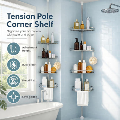 Corner Shower Caddy Tension Pole, 4-Tier SS Bathroom Storage Rack7