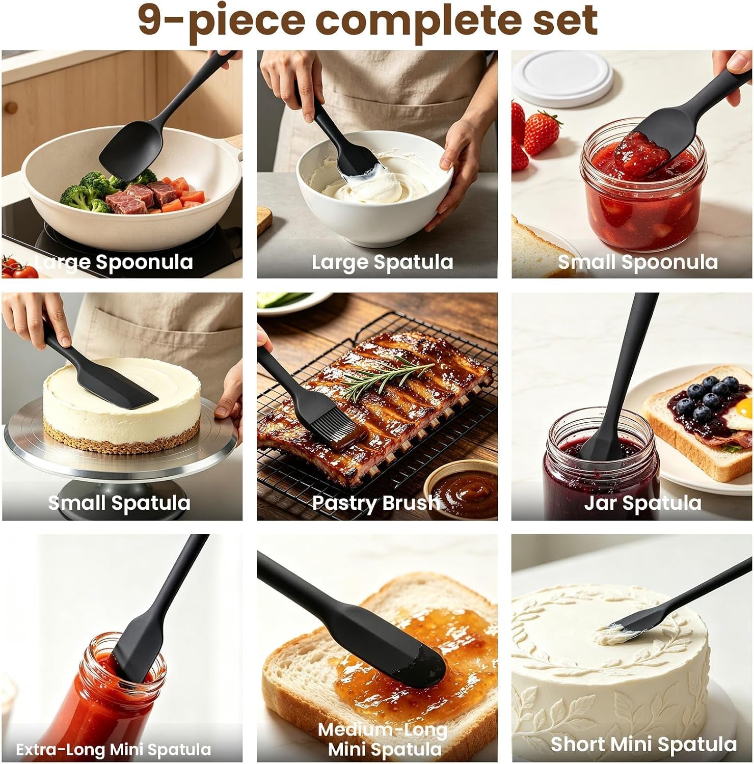 silicone-spatula-set-9-piece-bpa-free-food-grade-heat-resistant-spatulas-for-cooking-baking-seamless-one-piece-design-non-stick-safe-dishwasher-safe-withstands-104-f-to-600-f-black