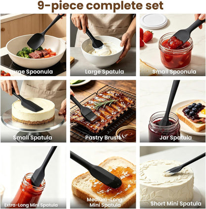 Silicone Spatula Set,9-Piece BPA Free Food Grade Heat Resistant Spatulas for Cooking Baking,Seamless One Piece Design,Non-Stick Safe,Dishwasher Safe,Withstands -104°F to 600°F（Black）6