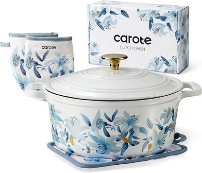 5QT Enameled Floral Cast Iron Dutch Oven Pot with Lid | Sourdough Bread Baking with Cotton Potholders & Oven Gloves, Gift Box, Cookware for Braising, Oven Safe up to 500° F1