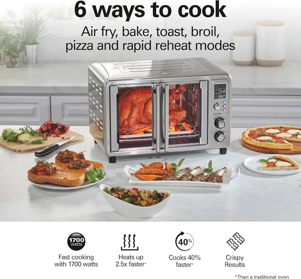 6-In-1 XL Digital Air Fryer Toaster Oven Combo | Easy-Access French Doors | Bake, Broil, Toast, Pizza & Reheat Functions | 0.9 Cu. Ft. Capacity | Stainless Steel | 31191J4