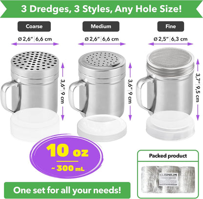 [Set of 3] 10Oz Stainless Steel Dredges with Handle - Fine Mesh + Medium Holes + Large Holes (For Coarse Seasonings)2
