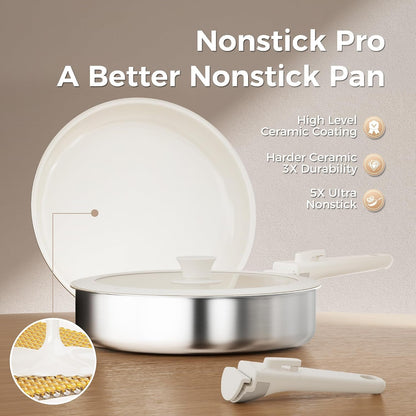 21PCS Pots and Pans Set Non Stick, Ceramic & Stainless Steel Cookware Set with Detachable Handles, Induction Cookware, Oven/Dishwasher Safe, Frying Pans with Kitchen Essentials, Beige White9