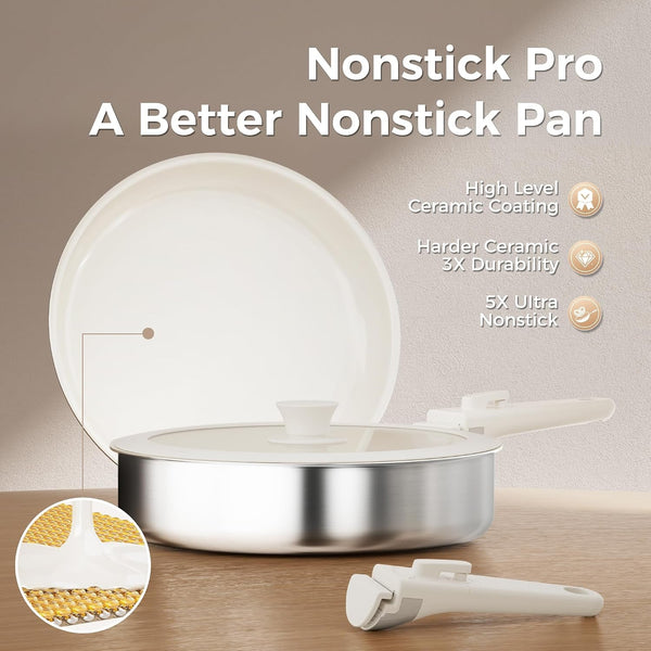 21PCS Pots and Pans Set Non Stick, Ceramic & Stainless Steel Cookware Set with Detachable Handles, Induction Cookware, Oven/Dishwasher Safe, Frying Pans with Kitchen Essentials, Beige White9